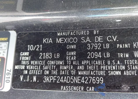 2022 Kia Forte Lxs z USA, uszkodzony, nr VIN 3KPF24AD5NE427699